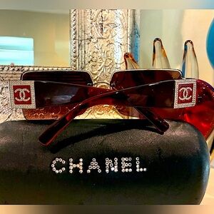 CHANEL Scarce Red Lenses CC Swarovski Crystals Logo Sunglasses